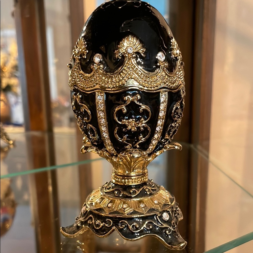 SOLD Faberge Style Austrian Crystal Black and Gold Decorative Egg